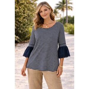 J. Jill Striped Ruffle Lace Bell Sleeve Top Women XL Petite Navy Blue Nautical